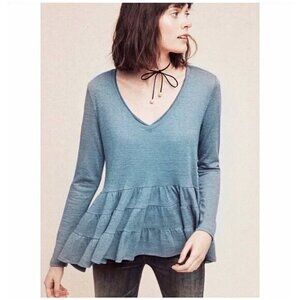 Deletta Anthropologie Thea Tiered Blue Ribbed Top Size XS